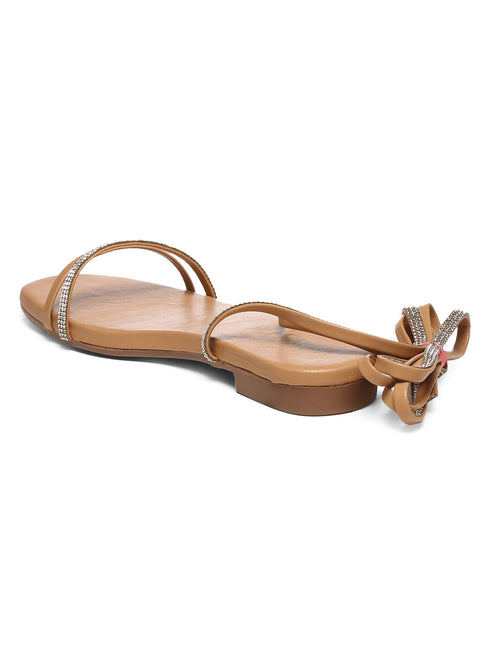 GNIST Beige Embellished Tie up Flat Sandal